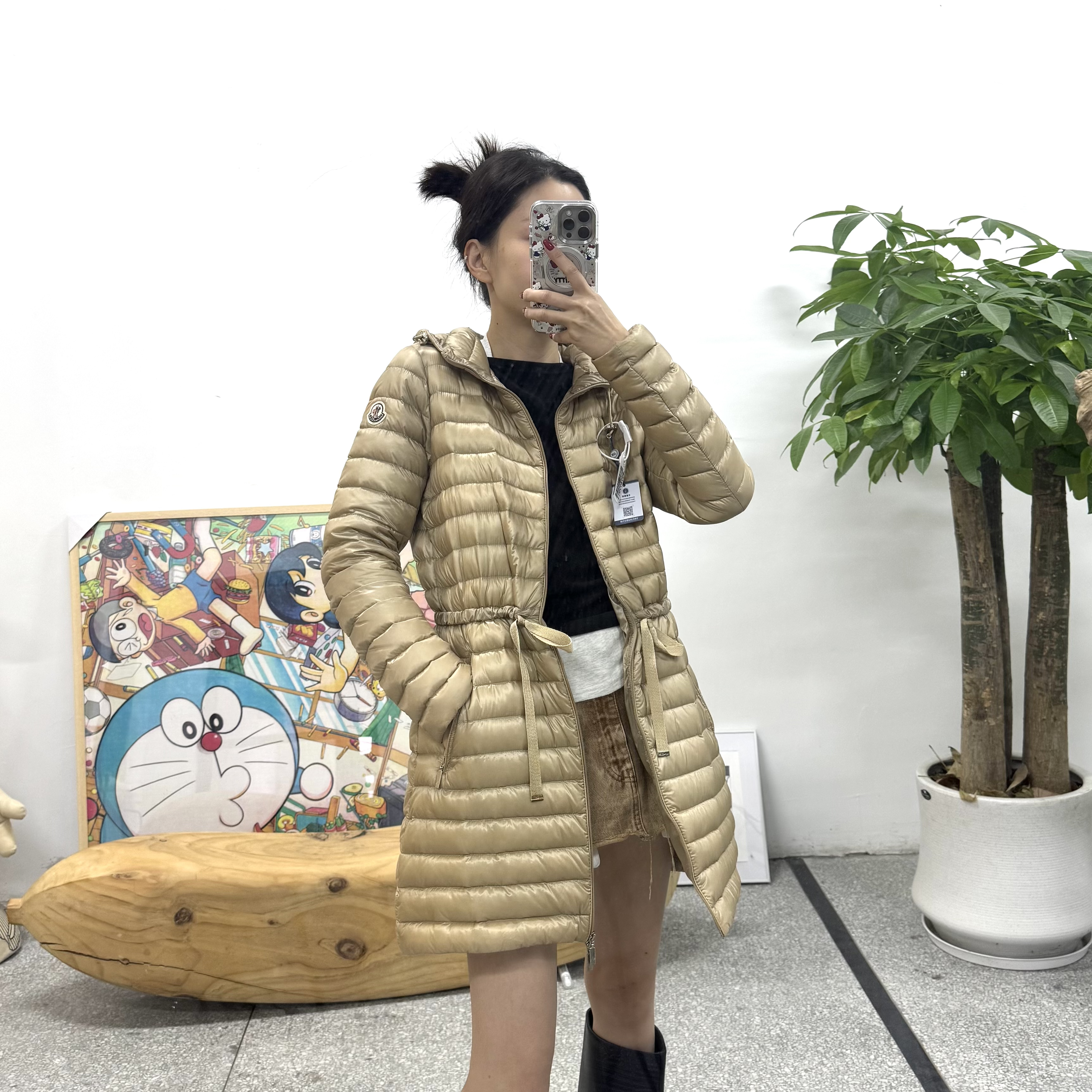 99新 MONCLER 香槟金长款连帽收腰羽绒服 1码 cl00658