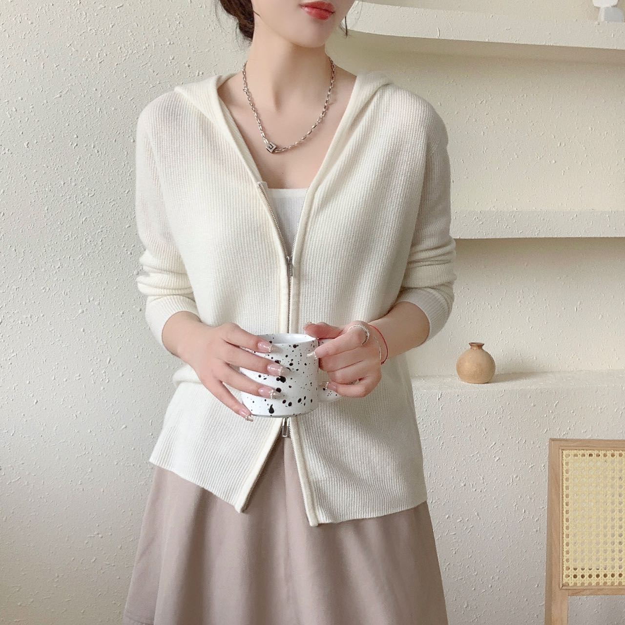 6515款春秋新款100全羊毛纯色休闲百搭显瘦拉链开衫