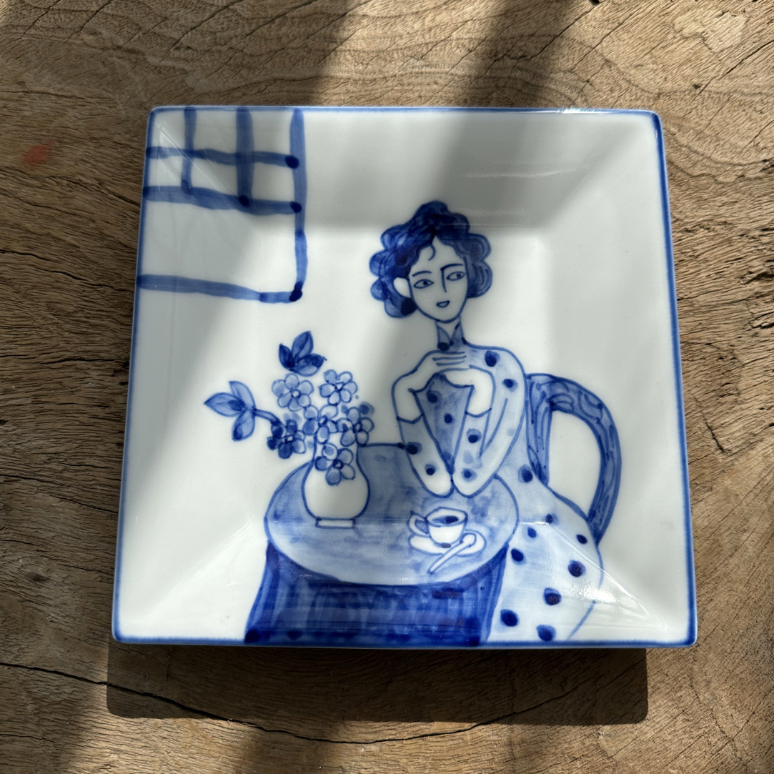 【若玉古美】旗袍美女方盘手工手绘釉下彩高温瓷