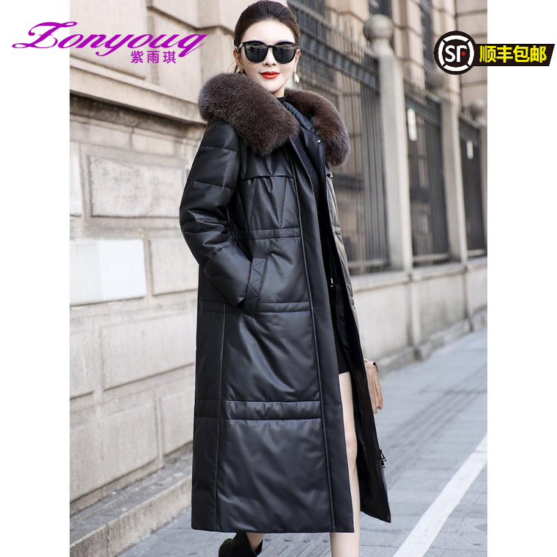 紫雨琪白鹅绒真皮羽绒服女连帽中长款修身显瘦绵羊皮皮衣过膝加厚