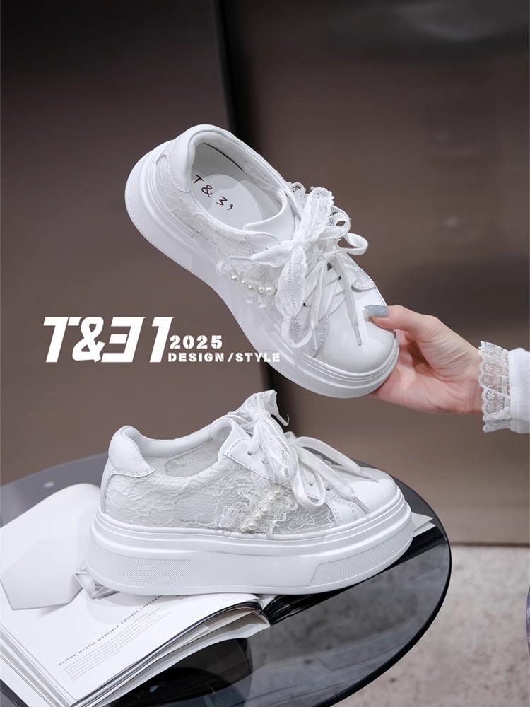 T31女鞋2025春夏新款蕾丝网面小白鞋厚底休闲鞋串珠甜美风双鞋带