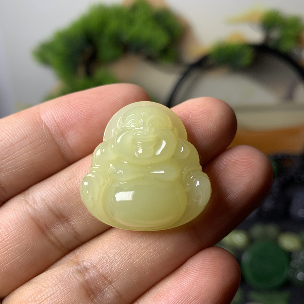 【七色美玉】天然和田玉黄玉鸡油黄佛公时尚精品女士玉佩30-11.8mm
