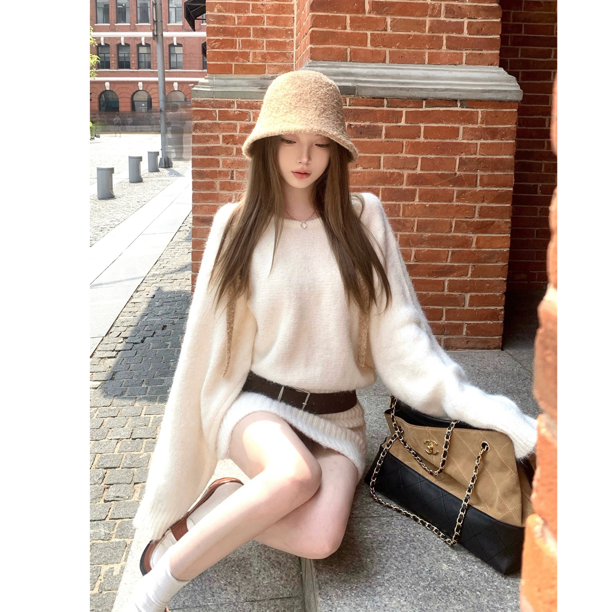 【腰臀主场】针织连衣裙配腰带慵懒风洋气毛衣裙韩版打底女装1936#