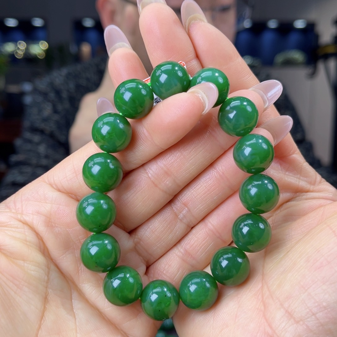 未镶嵌手串和田玉天然和田玉俄碧五号坑菠菜绿料14