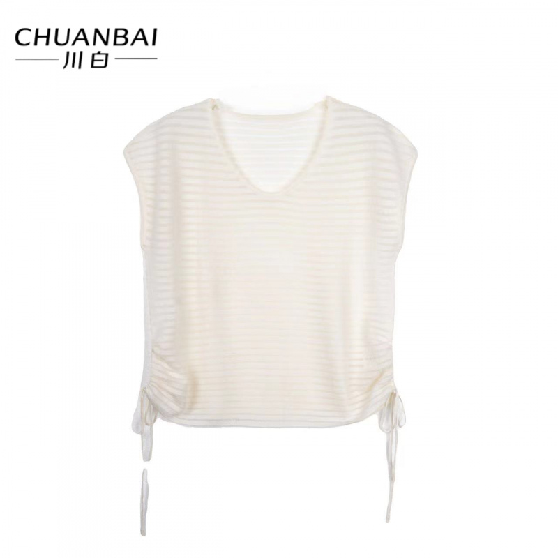 CHUANBAI 川白夏季新款流光溢彩袖针织上衣亮丝光泽肌理针织短袖