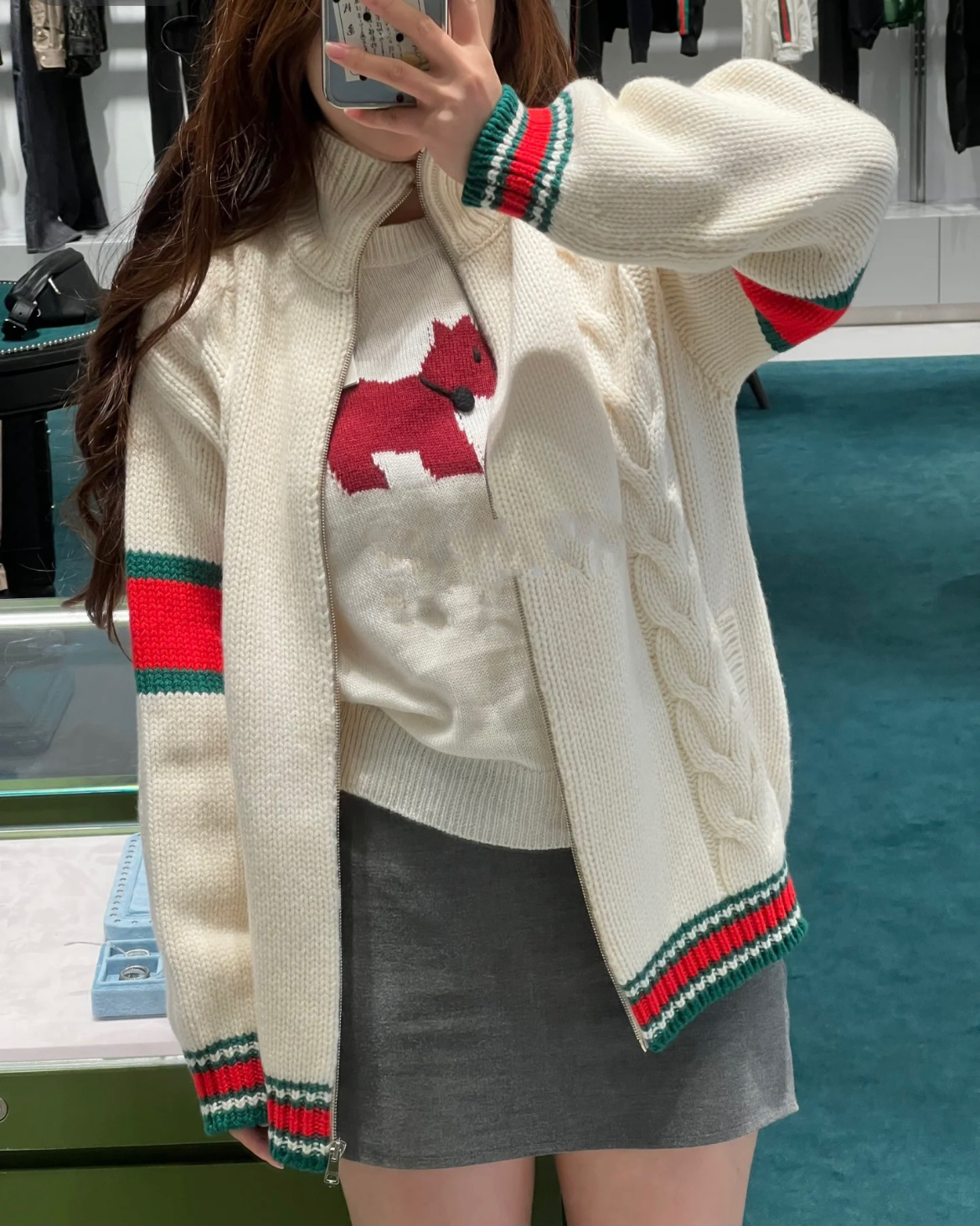 95新 GUCCI/古驰  pp五八五 羊毛 彩条编织针织外套 L码