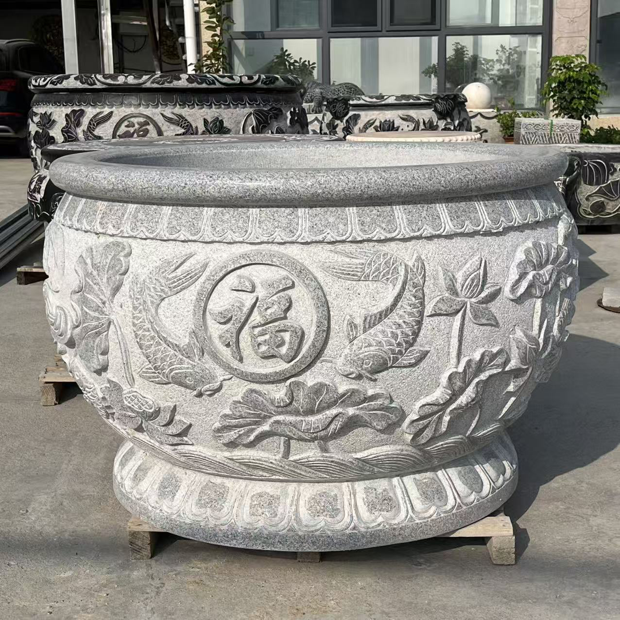 定金   别墅庭院石雕花岗岩圆缸带福字户外养鱼荷花水缸摆件
