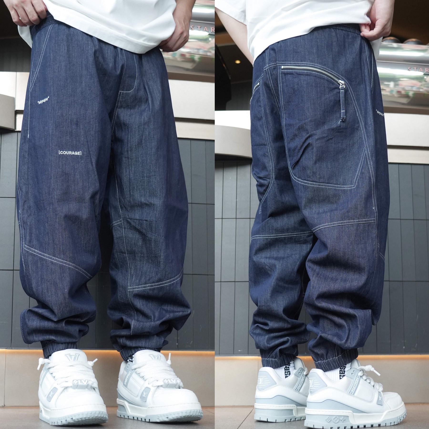 秋季新款不掉色百搭休闲牛仔拉链工装大兜束脚牛仔裤243