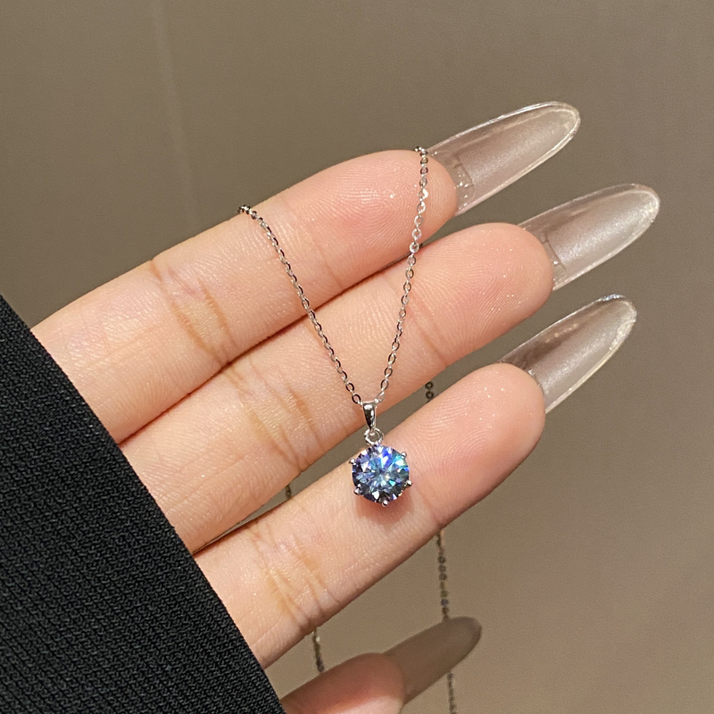 坠链均925银莫桑石 蓝色爆闪六爪圆钻轻奢项链A2753