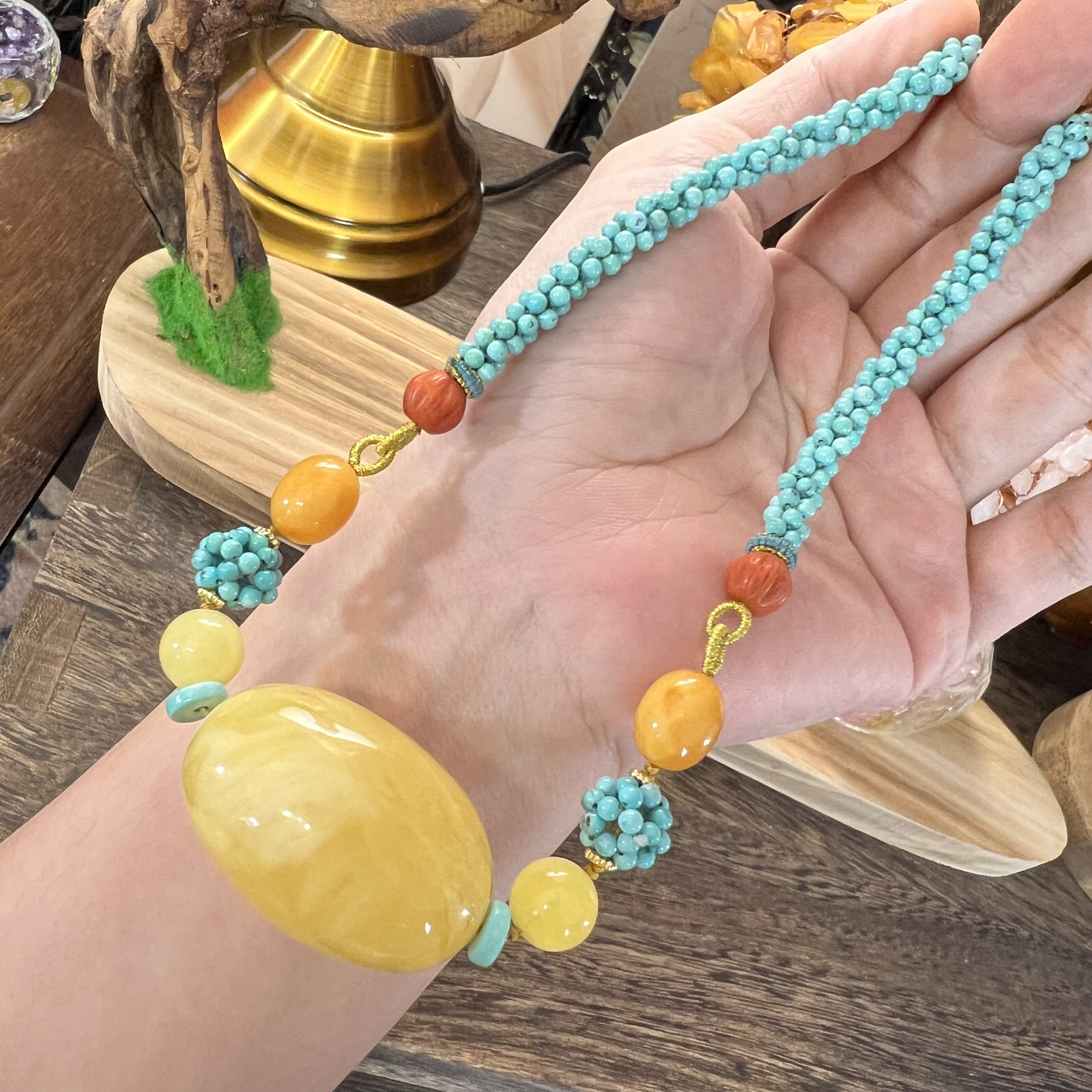 天然蜜蜡俄料白花蜡搭手工多宝绿松小米珠套链项链时尚