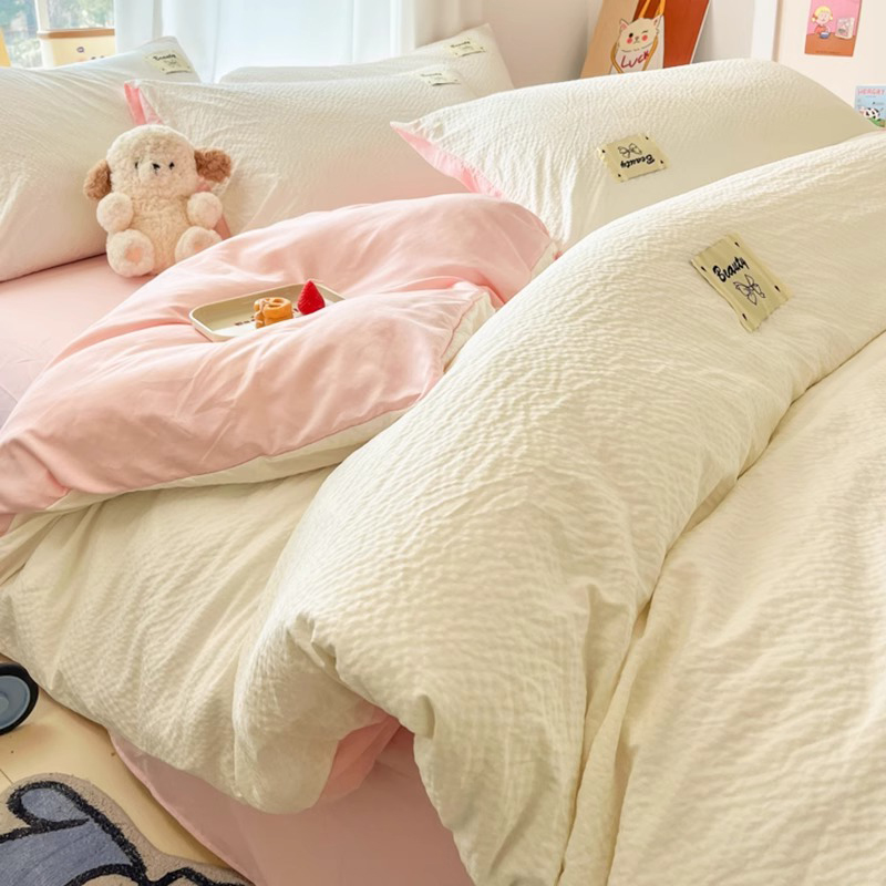 A类泡泡水洗棉四件套纯色被套床单非全棉纯棉床上用品三件套床笠4