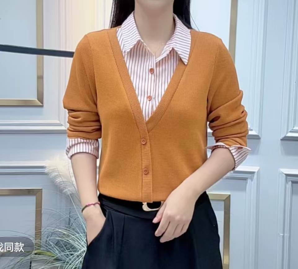 2025秋冬新款时尚百搭假两件长袖衬衫女修身洋气简约拼接条纹衬衣