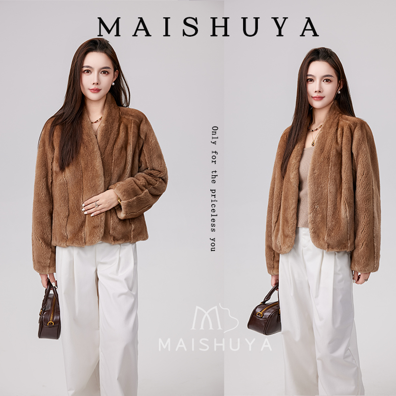 麦舒雅海宁皮草进口水貂貂皮大衣100%真貂女款V领短款外套
