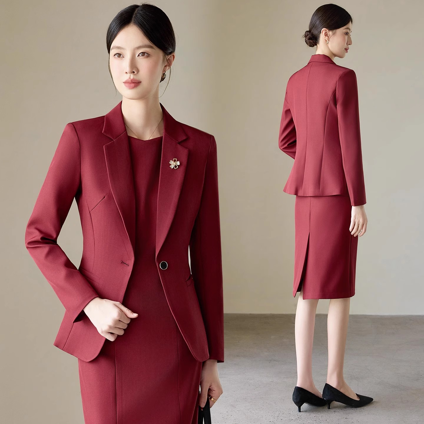 酒红色西装外套女职业正装春秋季2025新款气质高端连衣裙西服套装