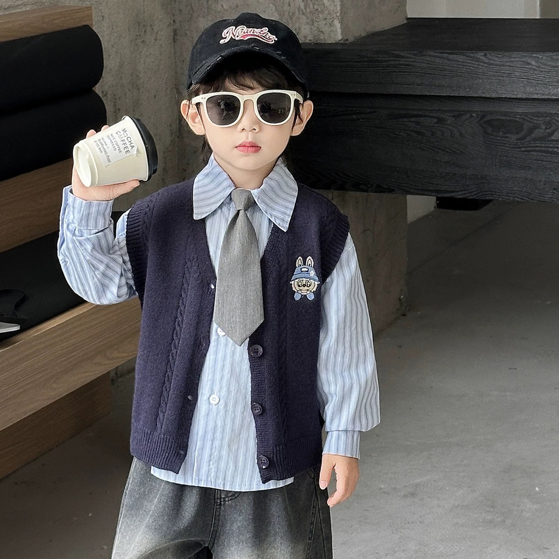 刺绣拉链学院风男春秋单排扣套装韩版洋气假两件