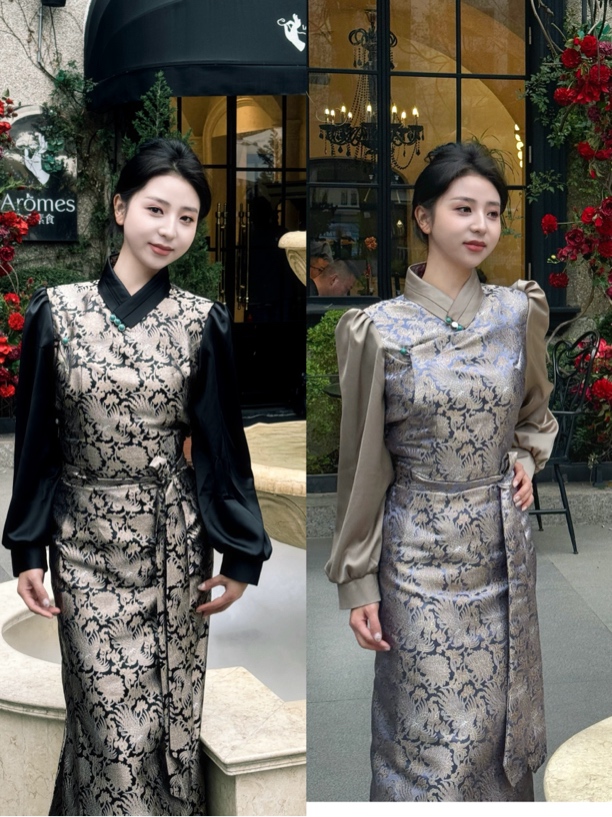 藏式泡泡袖旗袍连衣裙民族风长款蕾丝缎面气质传统藏装女装