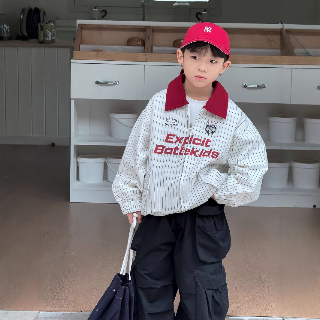 25春新款中小童男童童装撞色红色字母印花条纹棒球服夹克外套31