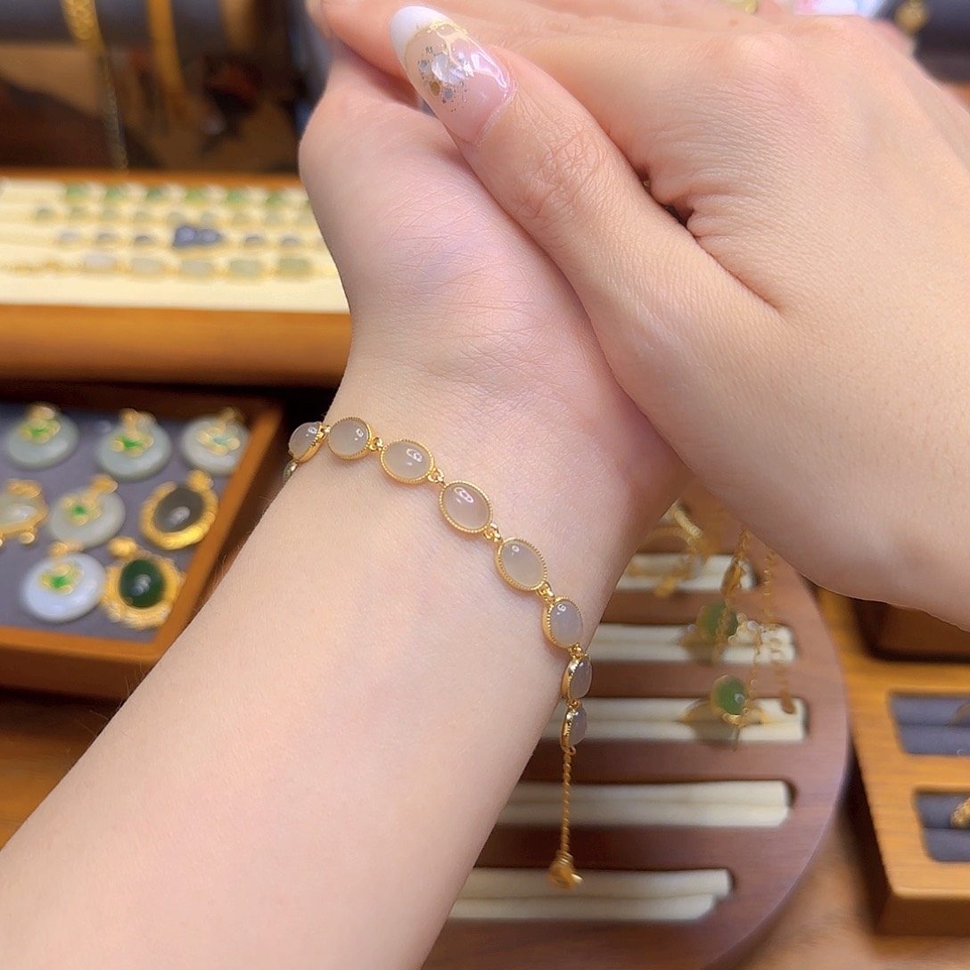 和田玉手链银S925镀金镶嵌