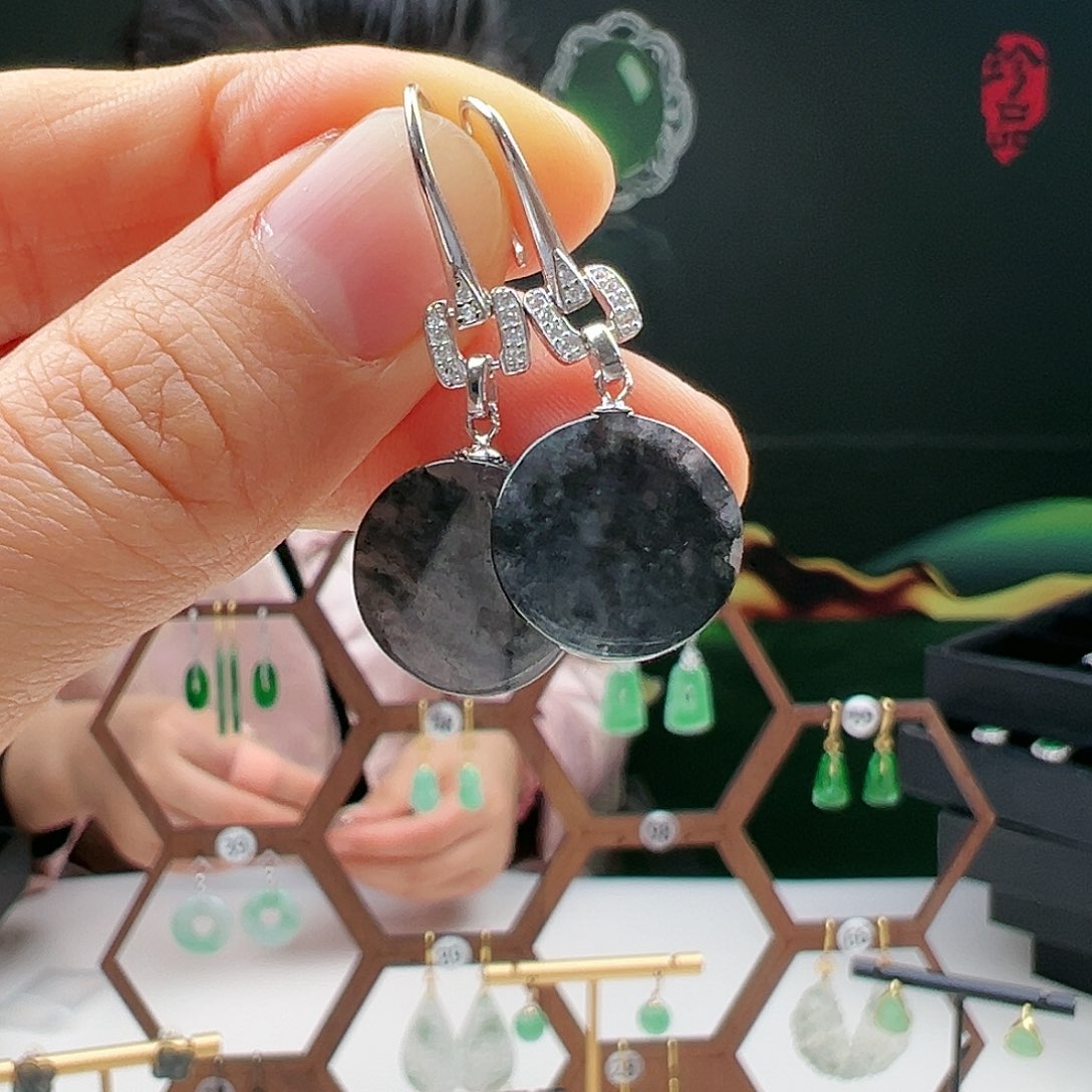 翡翠耳饰银S925镶嵌天然翡翠