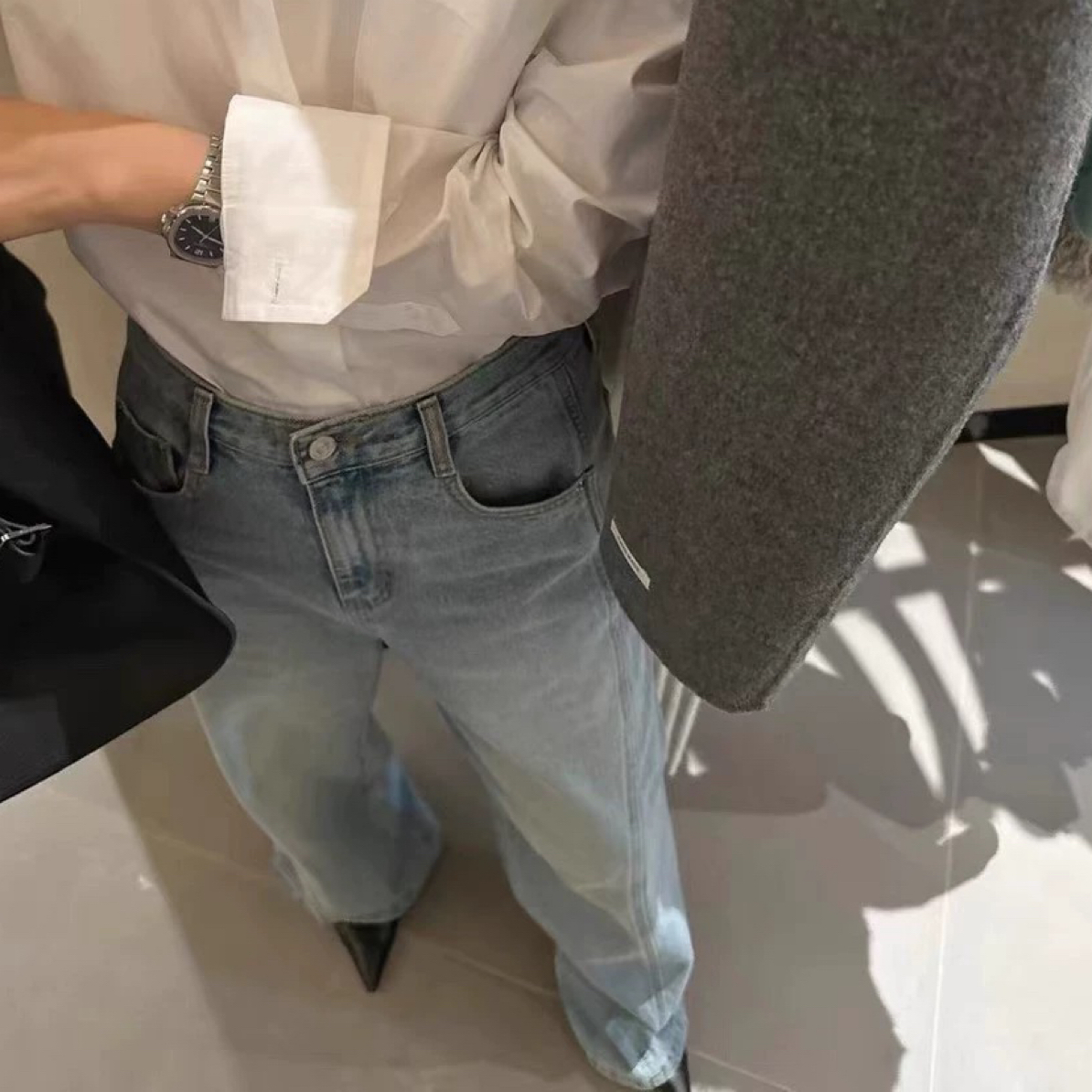 现货 向日葵欧尼同款 定制款 秋季洋气设计感百搭时尚斜线牛仔裤