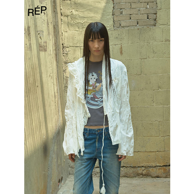 REP-OPEN YY设计师品牌白色不对称褶皱衬衫 26PS早春