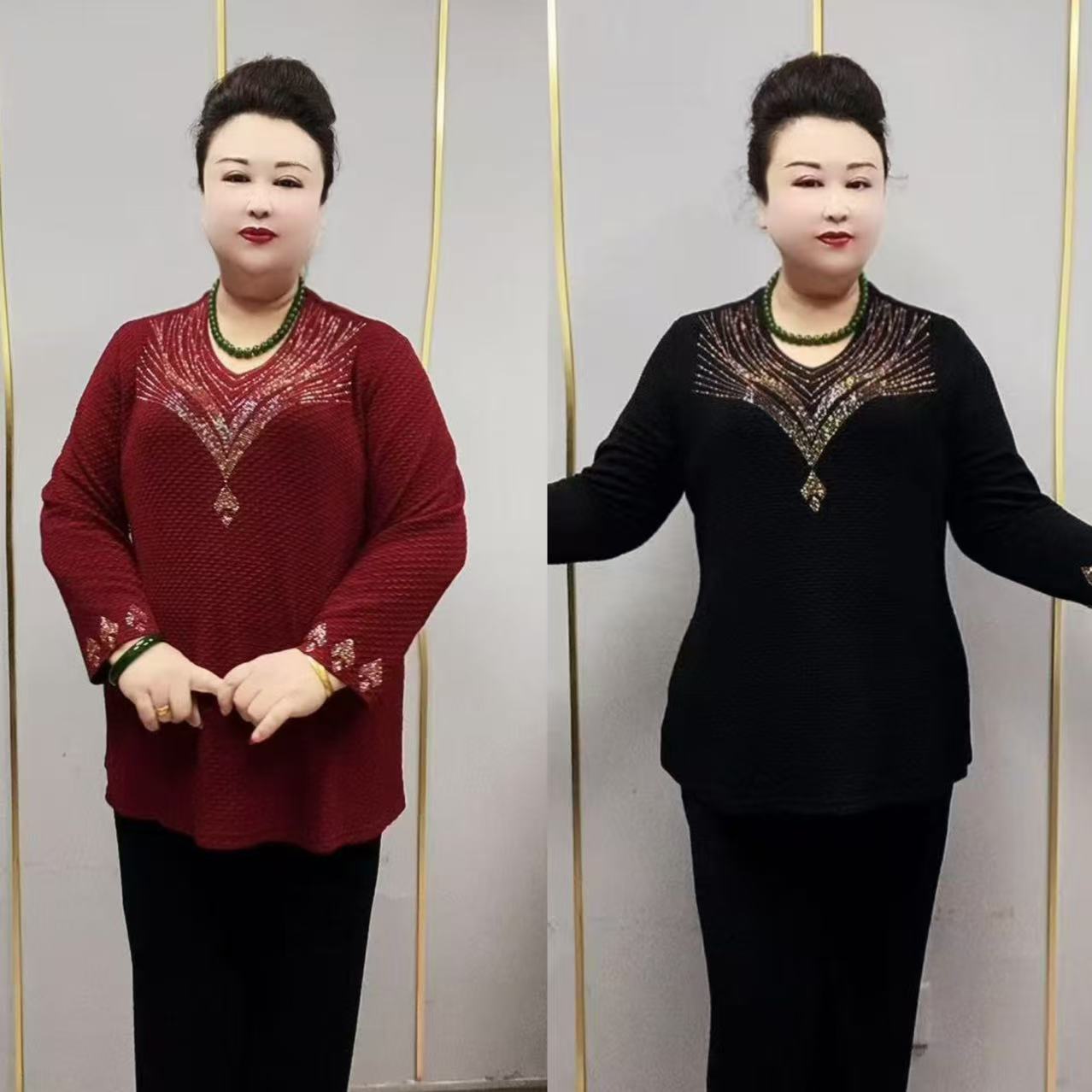 2553秋季新款时尚百搭烫钻醋酸大码小衫