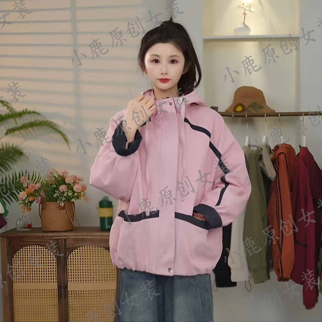 2025春装新款水洗斜纹棉布大帽檐条纹设计百搭休闲女士时尚外套