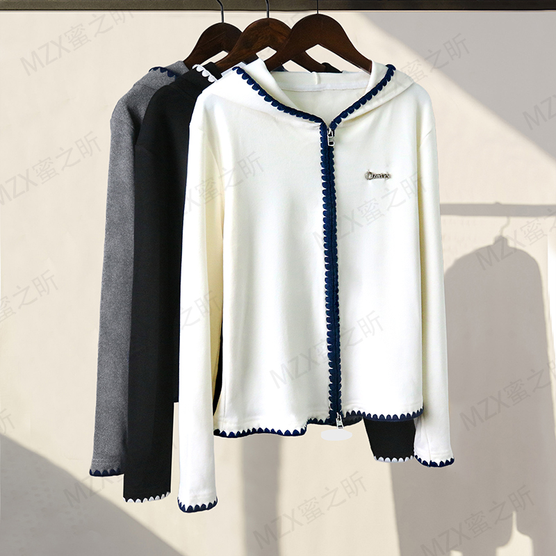 打底衫女2025秋冬新款连帽贝壳绣拉链拼接设计感休闲气质显瘦上衣