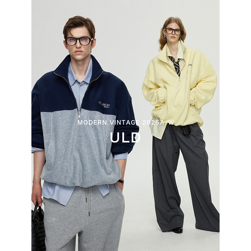ULD/云朵柔Paris中古运动风日本科技双面提花摇粒绒立领Polo卫衣