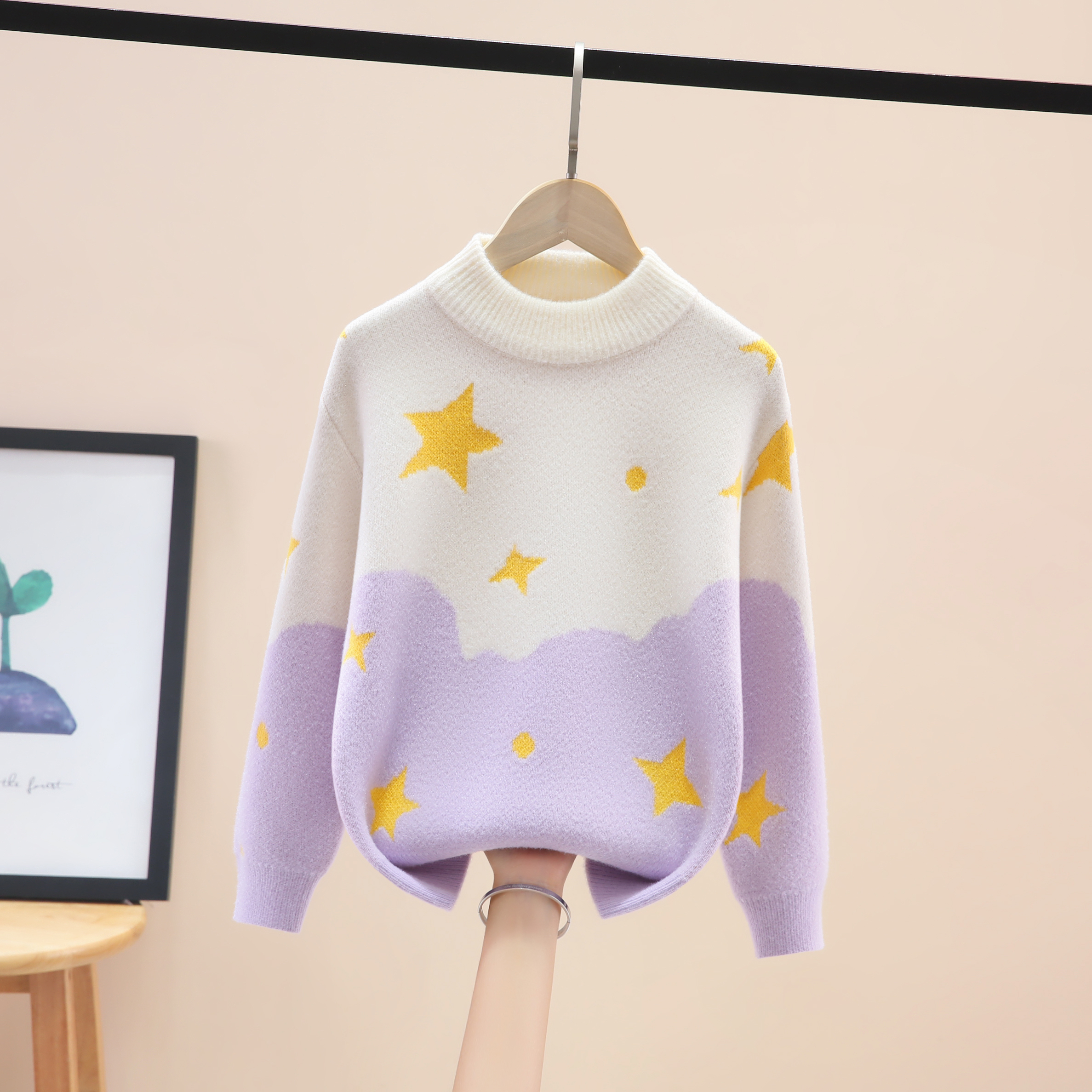 女童加厚宝宝毛衣圆领套头条纹秋冬中大童刺绣小熊针织衫韩国绒