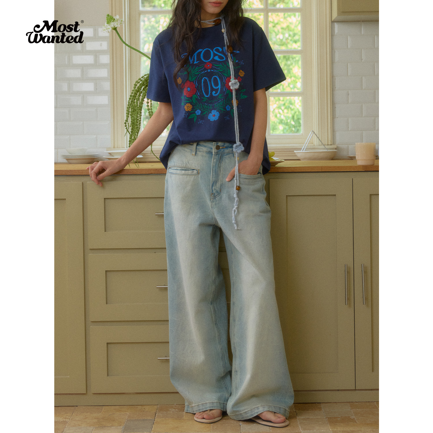 MostWanted5.24 手工扎花四合扣宽松直筒牛仔裤