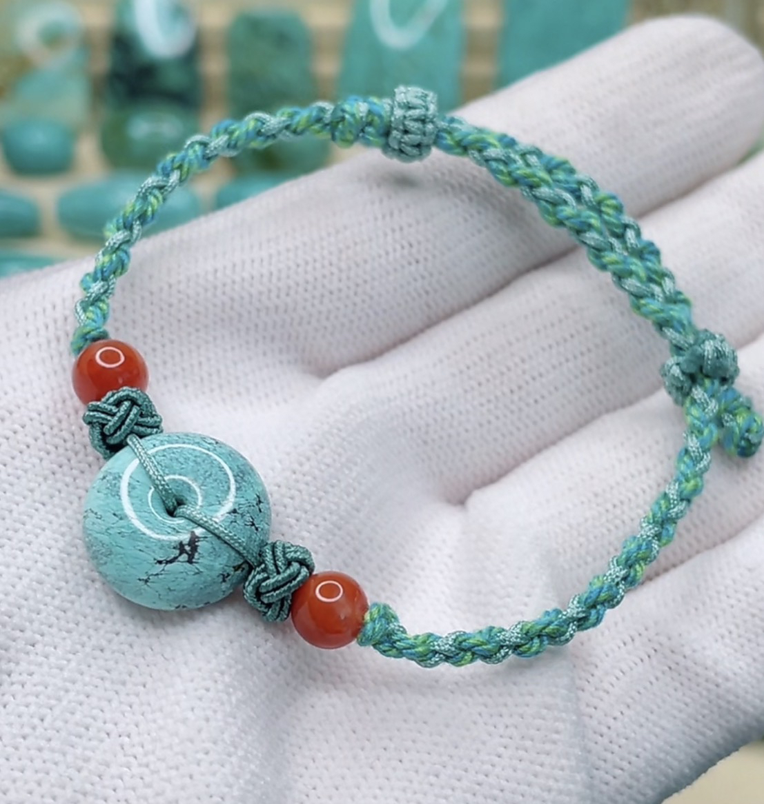 原矿高瓷无优化绿松石平安扣小手链手绳直径15mm带地大证书走基地