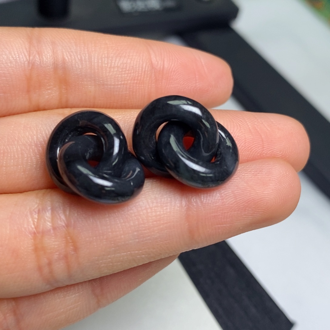 翡翠耳饰未镶嵌裸石乌鸡环环相扣