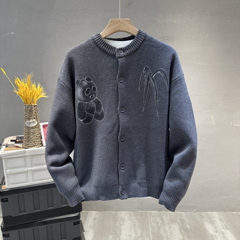 高端订制针织衫休闲宽松百搭复古男士熊猫开衫毛衣开衫秋冬羊毛衫