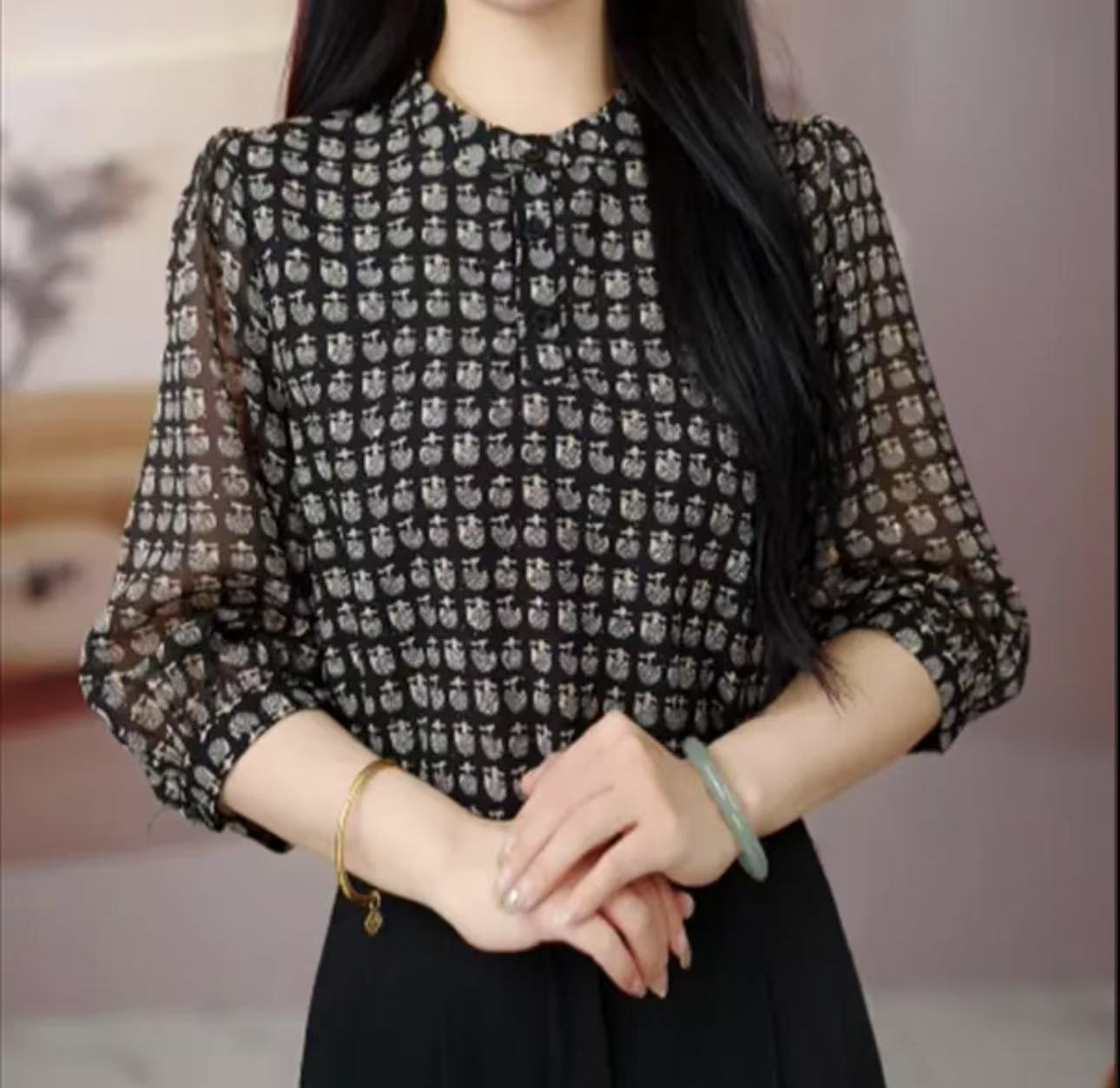 2025时尚七分袖春夏法式花色女衬衫小衫女装上衣洋气气质套头0505
