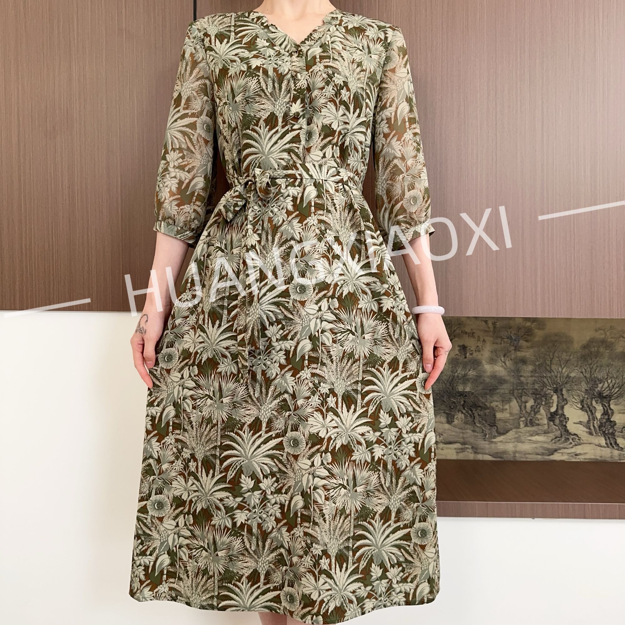 HUANGXIAOXI 绿褐色热带丛林高级感中袖连衣裙 HXX-121