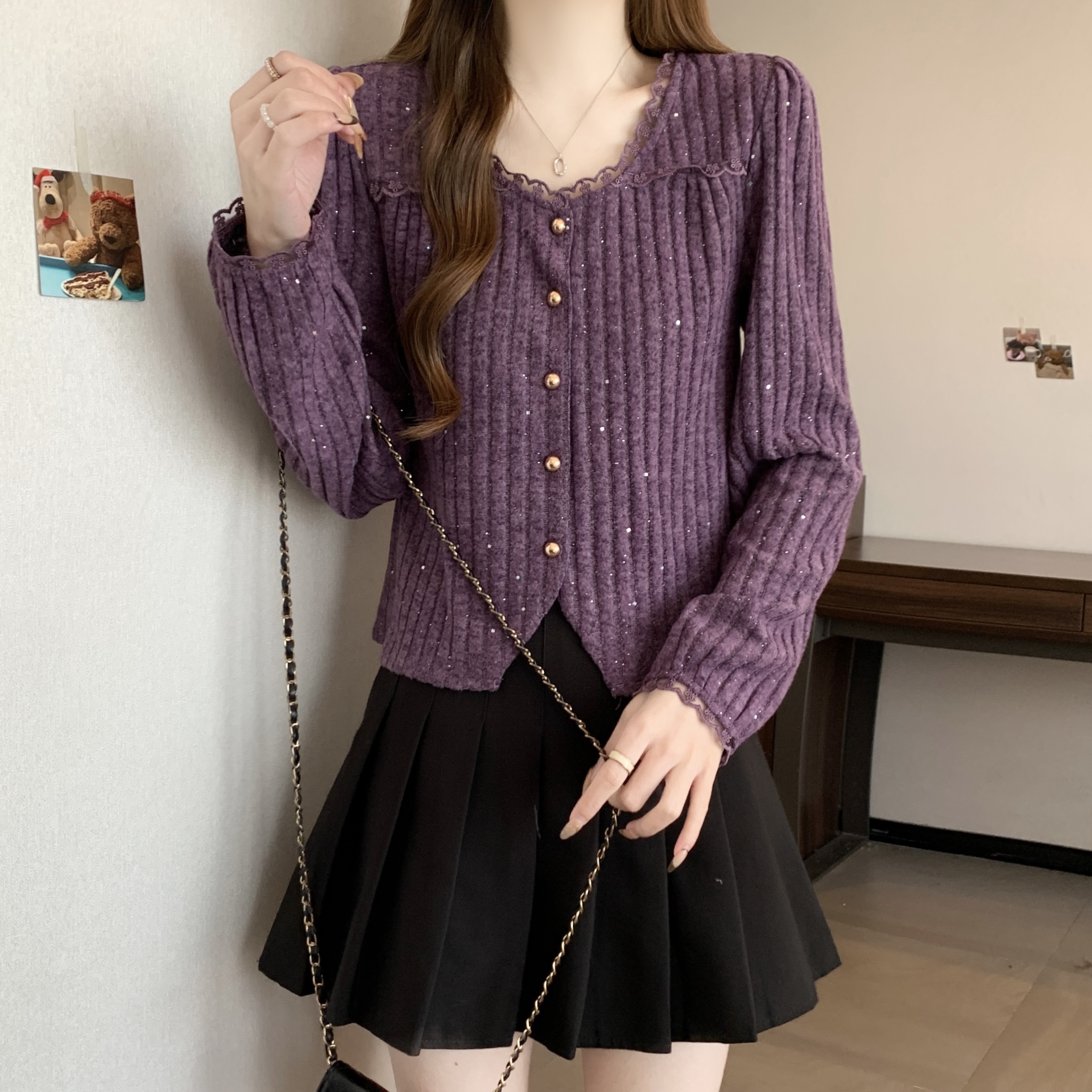 大码女装遮肚子小衫长袖开衫春秋胖妹妹洋气修身显瘦针织上衣衬衫