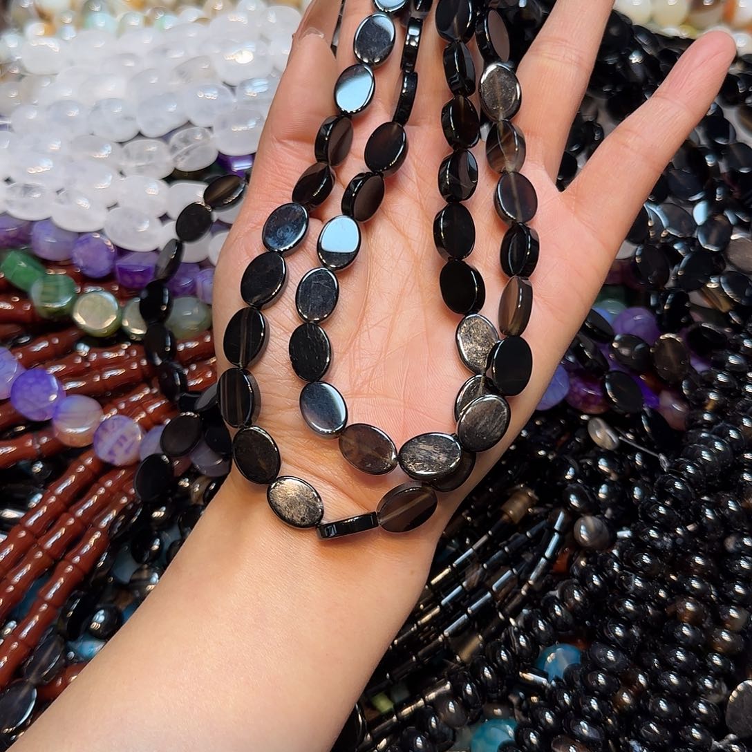 玛瑙/玉髓未镶嵌珠宝半成品黑玛瑙椭圆饼10✖️14mm一条