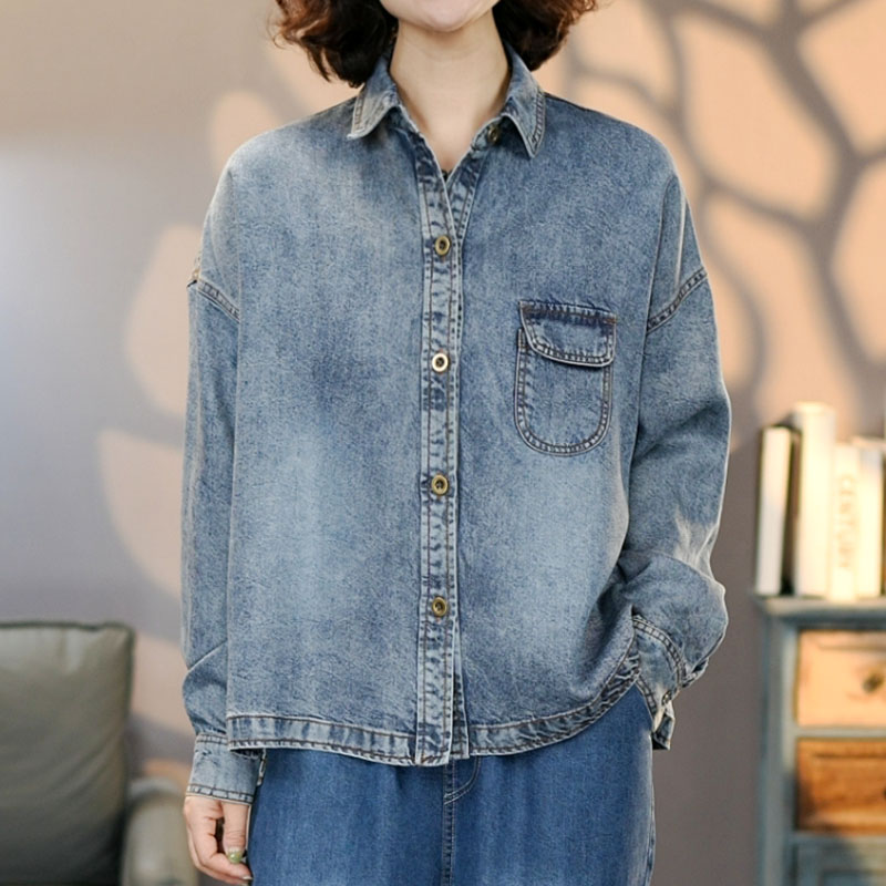 8800蓝女士长袖牛仔衬衫2025宽松显瘦休闲时尚水透气牛仔上衣