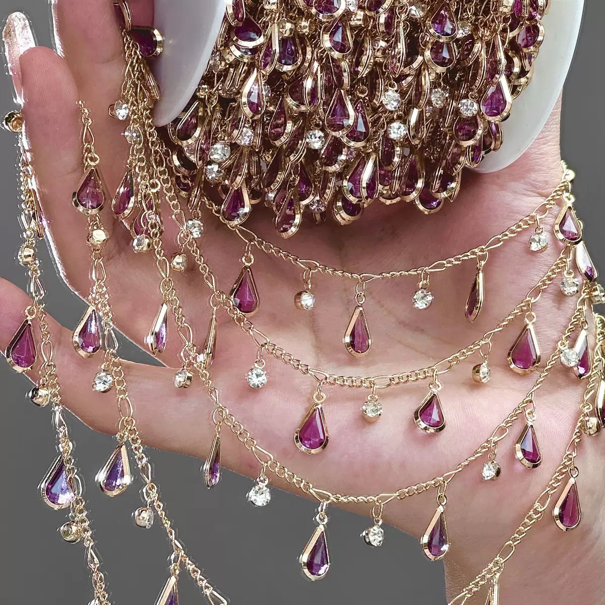  (洁雨饰品· DIY)  L00644 夏日金色葡萄紫色水滴链条水钻diy链条