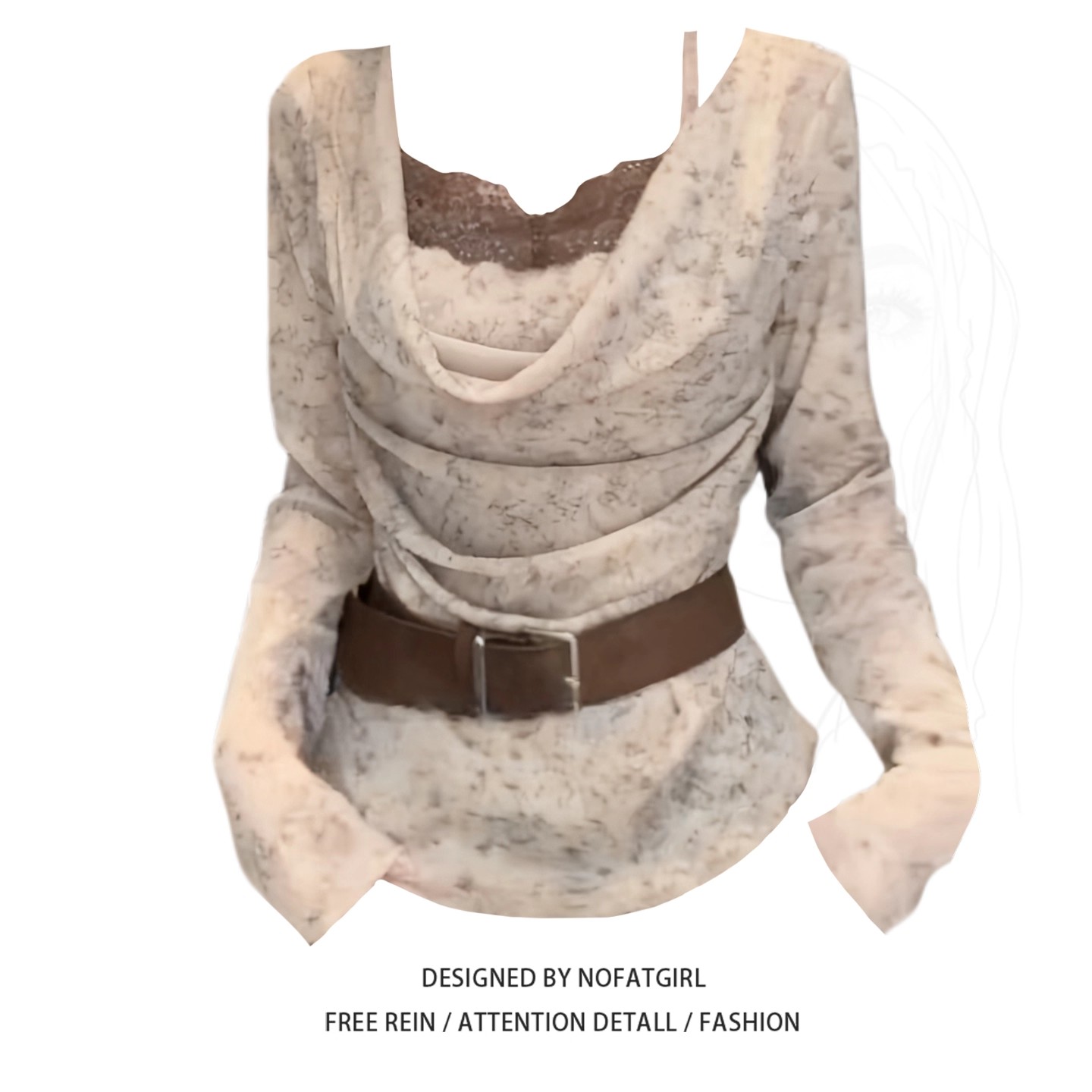 大码胖MM假两件蕾丝拼接晕染印花上衣女秋季2025新款显瘦气质内搭