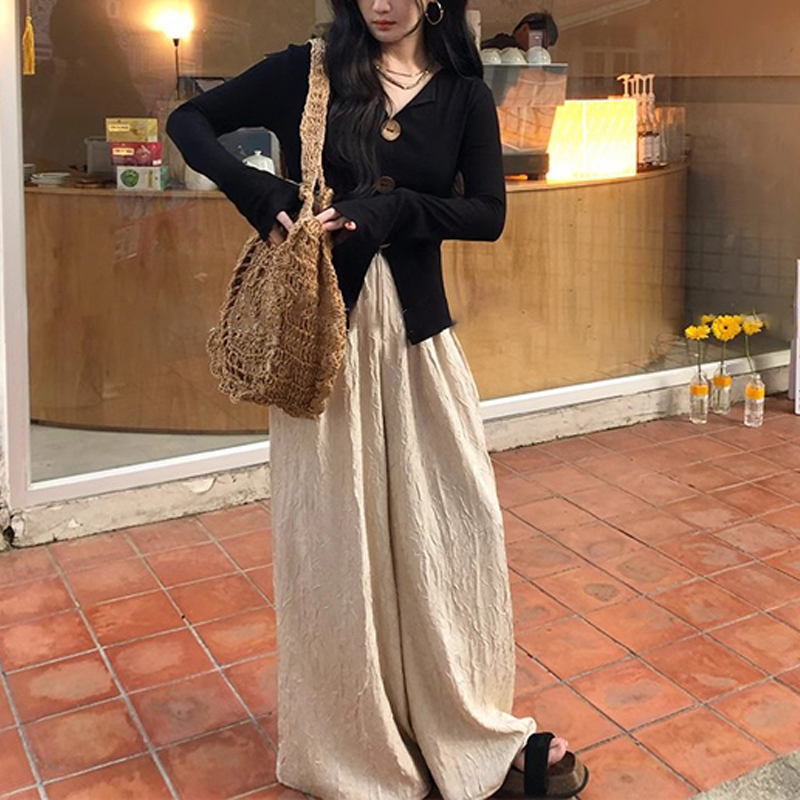 胖MM宽松遮肉2025早秋新款阔腿裤女手工乱褶显瘦阔腿拖地裤
