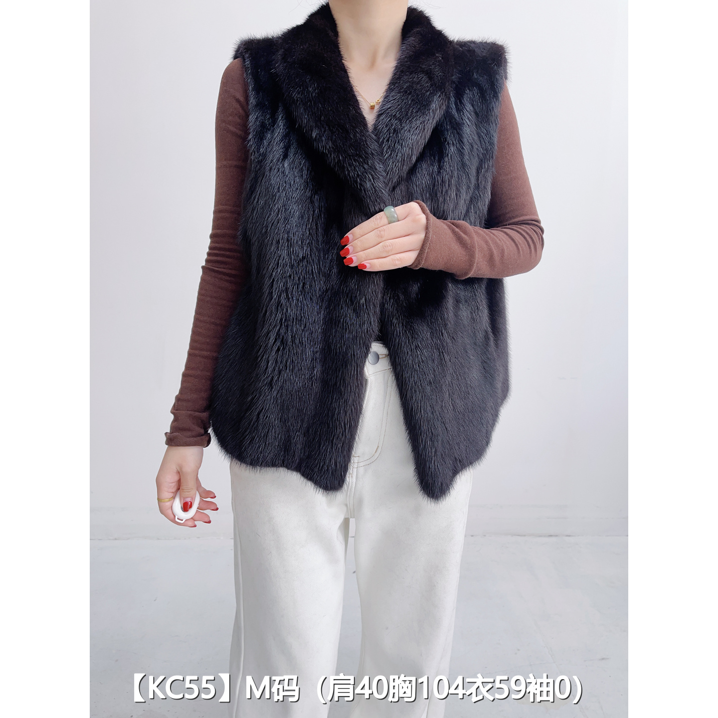 【KC55】M 红黑色超短款全抽貂皮大衣外套女 翻领马甲 27055