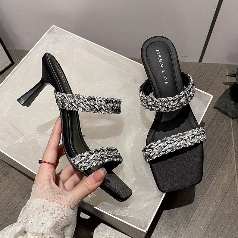 夏季新款水钻细跟方头高跟鞋女不累脚露趾凉拖显瘦舒适5070-2