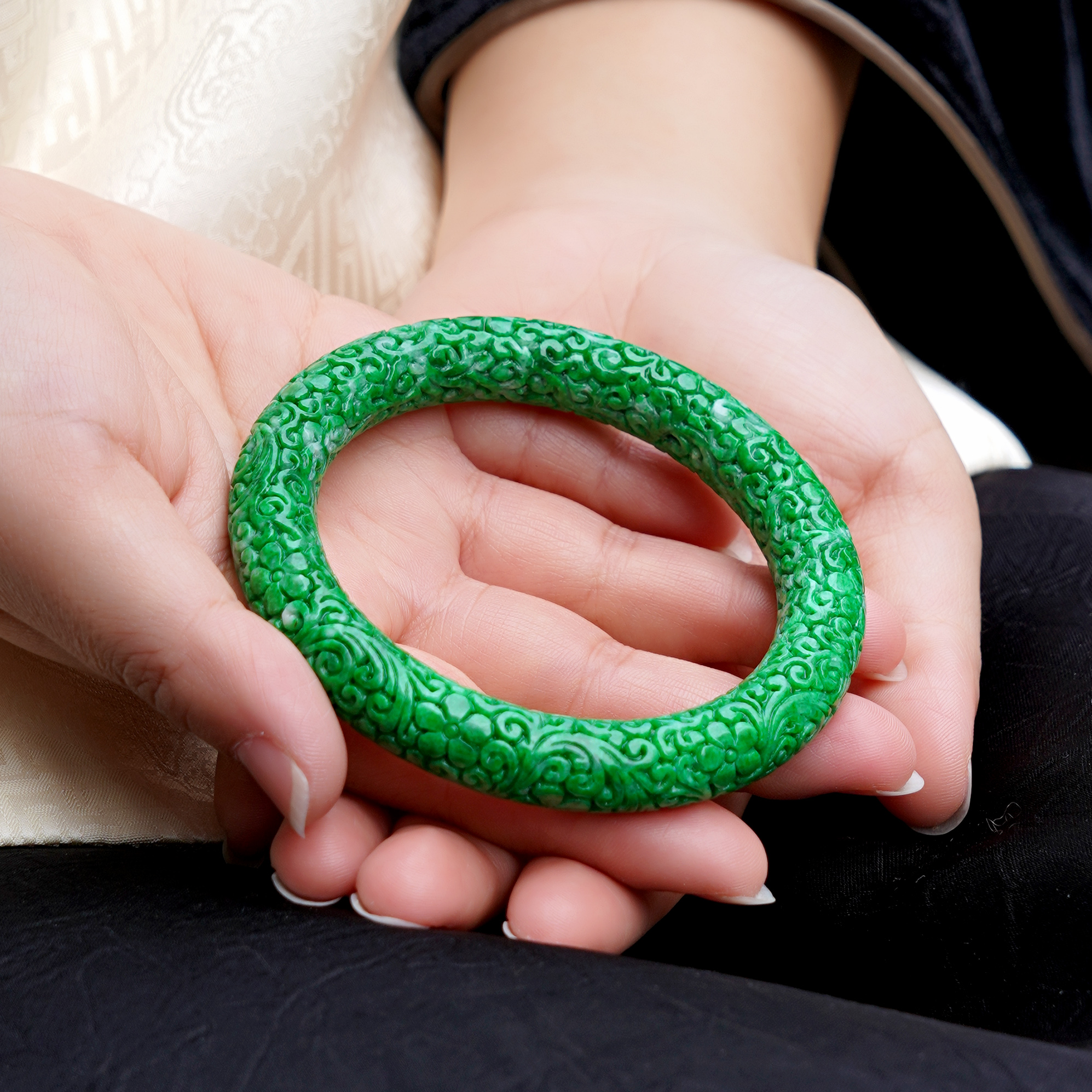 【云锦藏春】57圈 满绿油润干青翡翠手镯 全品满色缅甸老坑种镯子