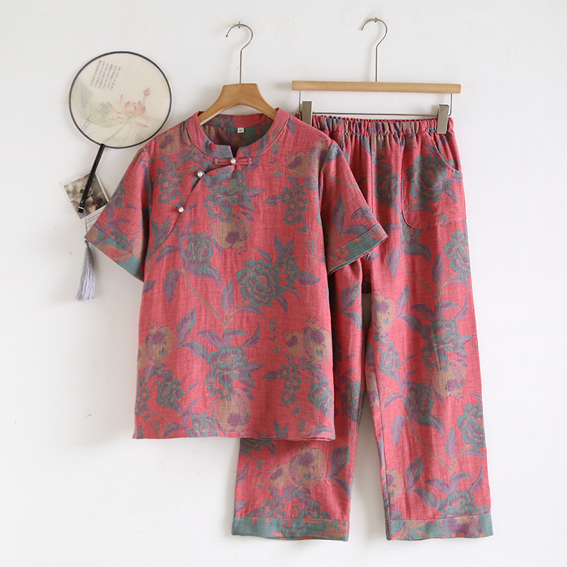 新品福利立领短袖家居服女款春夏季提花棉家居服短袖八分裤套装