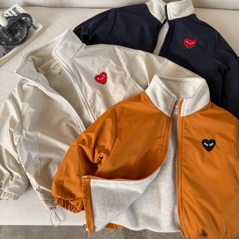 儿童加绒外套25冬男童爱心潮牌加绒棉服宝宝小童夹克洋气拉链衫