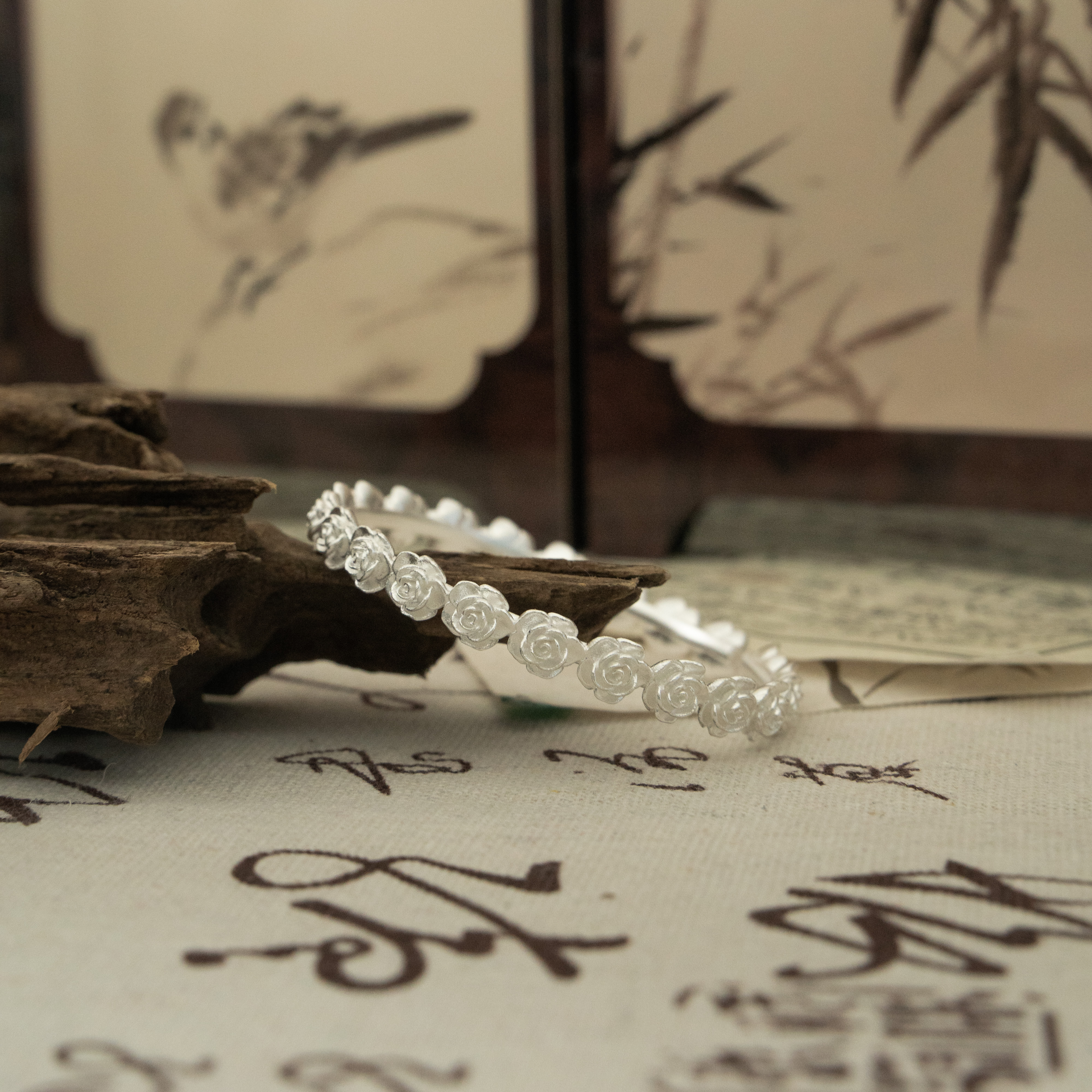 足银手镯 古法曼塔玫瑰花手镯/22克/足银999.9