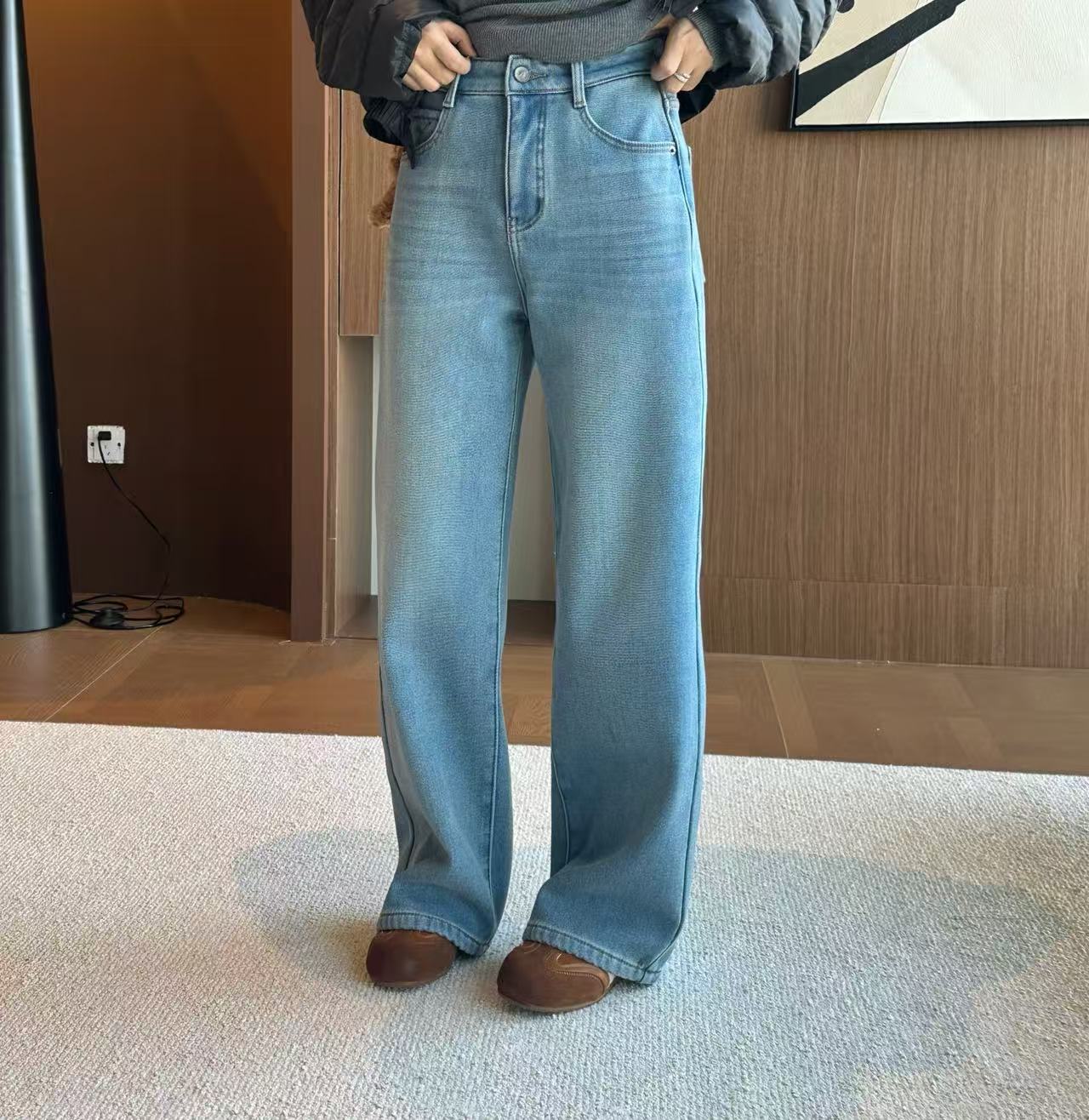 【汐汐女装二店】小个子定制秋冬女款加绒直筒牛仔长裤 XX2511042