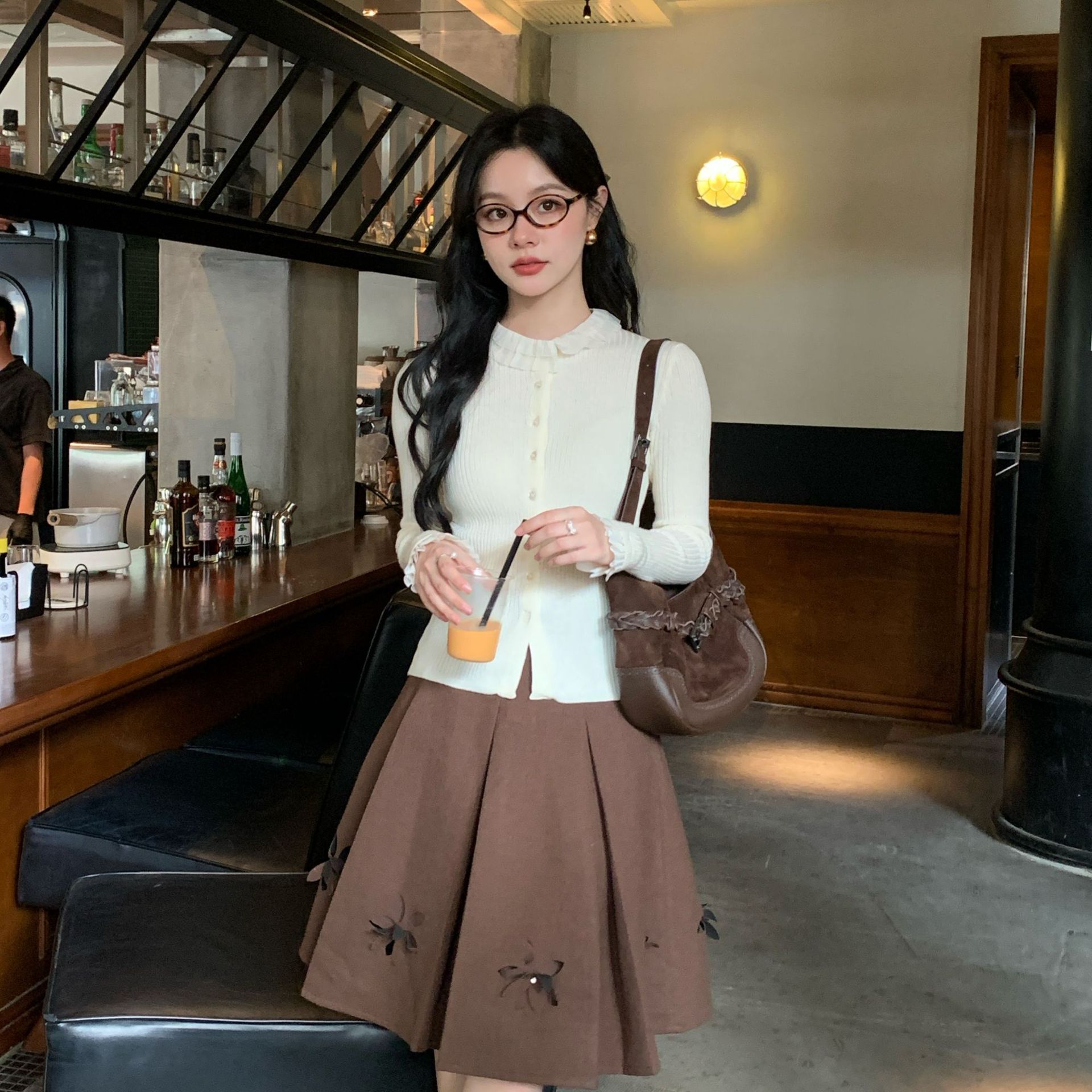 广州十三行25冬法式甜美减龄坑条木耳边针织开衫毛衣女F6955